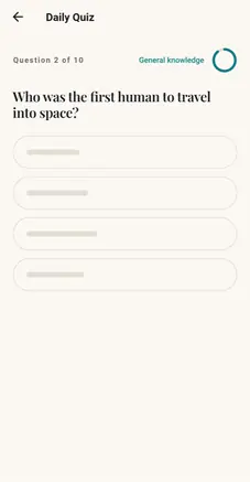 The Daily Quiz: a general knowledge question with four answer buttons and a timer.