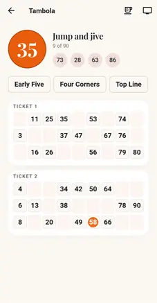 Tambola: number 35 called, with two tickets and the Early Five, Four Corners and Top Line claims.